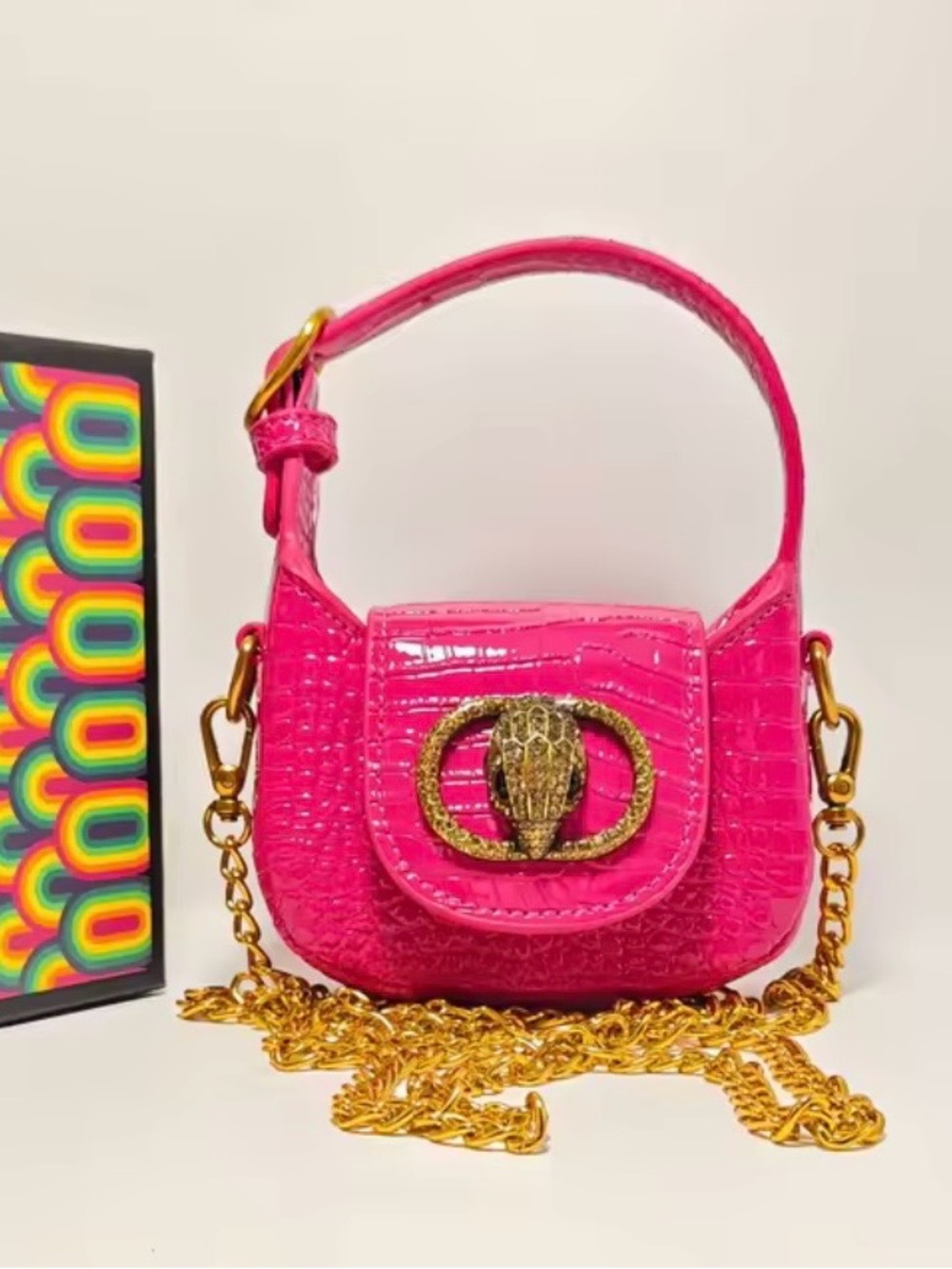 Hot Pink Croc-Embossed Mini Shoulder Bag with Gold Chain 5.5inch by 4inch - Picture 1 of 11
